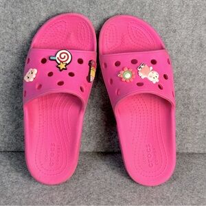 CROCS Girl’s Size J3 Bright Pink Slide Sandals With Charms Pool Beach Casual